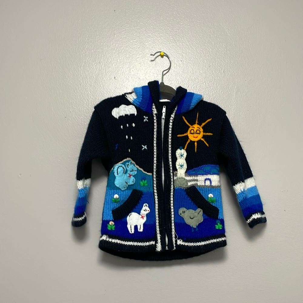 Peruvian Toddler Sz. 2 Hooded Full Zip Sweater Blue Hand Embroidered